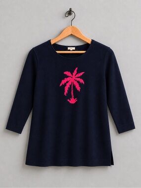 Talbots Navy Palm Tree 3/4 Sleeve Sweater Small